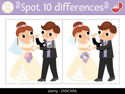 Finde das Unterschiedsspiel für Kinder. Hochzeitsveranstaltung mit süßem Ehepaar. Hochzeitszeremonie-Puzzle für Kinder mit lustiger Braut, Bräutigam A. Stock Vektor