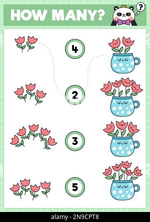 Frühlingsspiel mit süßen Kawaii-Tulpen im Becher. Mathematikaktivität im Garten für Vorschulkinder. Informatives, druckbares Osterzählblatt mit Auto Stock Vektor