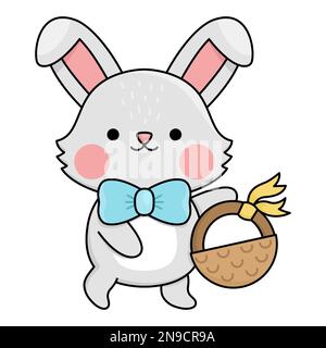 Vector Osterhase-Ikone für Kinder. Süßes Kawaii-Kaninchen. Komischer Cartoon-Hasen-Charakter. Traditionelles Frühlingssymbol mit Korb Stock Vektor