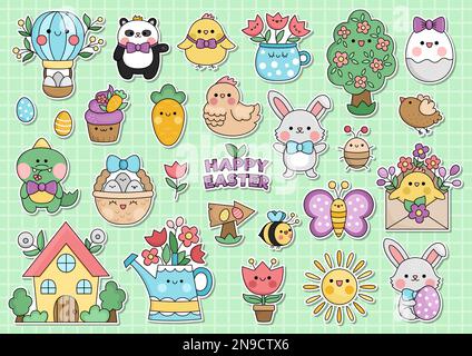 Osteraufkleber mit niedlichen Kawaii-Figuren. Traditioneller Frühlingsurlaub für Kinder. Lustige Abzeichen-Sammlung mit Häschen, Küken, Hummeln, Stock Vektor