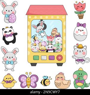 Vector Kawaii Spielzeugautomat mit Osterspielzeug. Süße Illustration mit Häschen, Küken, buntem Ei, Pandabär, Tulpenblume. Lustiger Zeichentrickfilm Stock Vektor