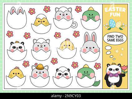 Finde zwei gleiche Kawaii-Tiere in Eiern. Osteraktivität für Kinder. Lernquiz-Arbeitsblatt für Kinder zum Thema Aufmerksamkeit in den Frühjahrsferien. Stock Vektor