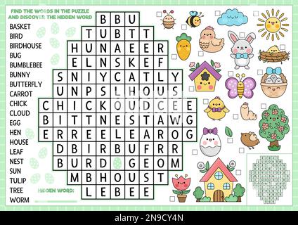 Ostereiförmiges Wörtersuchrätsel für Kinder. Quiz zum Frühlingsurlaub für Kinder. Pädagogische Aktivität mit Kawaii-Symbolen. Süße englische Sprache Stock Vektor