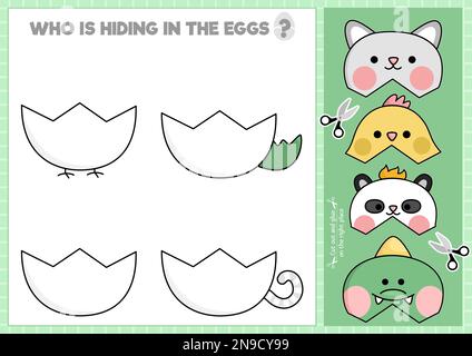 Vector Osterschnitt und Klebstoff. Craft-Spiel mit süßer Kawaii-Eierschale. Ausdruckbares Arbeitsblatt für lustige Frühlingsferien. Finde das richtige Stück des puz Stock Vektor