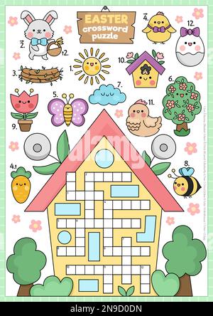 Vector Easter Landhaus-förmiges Kreuzworträtsel für Kinder. Quiz zum Frühlingsurlaub für Kinder. Pädagogische Aktivität mit Kawaii-Symbolen. Süßer Garten Stock Vektor
