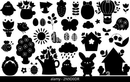 Vector-Silhouettenset zu Ostern. Traditionelle Eierjagd oder schwarzweißer Clipart im Garten. Schattensammlung mit Häschen, Küken, farbigen Eiern, Blumen, Körbchen Stock Vektor
