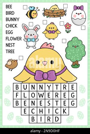 Ostereiförmiges Wörtersuchrätsel für Kinder. Quiz zum Frühlingsurlaub für Kinder. Pädagogische Aktivität mit Kawaii-Symbolen. Süße englische Sprache Stock Vektor
