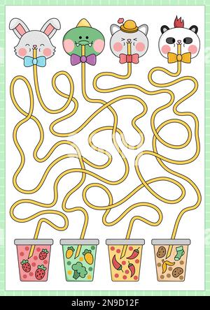 Kawaii-Labyrinth für Kinder. Ausdruckbare Aktivität für Vorschulkinder mit süßen Tieren, die Seifenblasentee mit verschiedenen Geschmacksrichtungen trinken. Labyrinth-Spiel oder Puzzle mit lustiger CH Stock Vektor