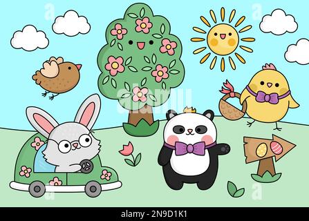 Vector Kawaii Osterszene mit Häschen auf einem Auto und Küken mit Korb. Zeichentrickfilm im Frühling. Süße Eierjagd-Landschaft für Kinder mit Baum, B Stock Vektor