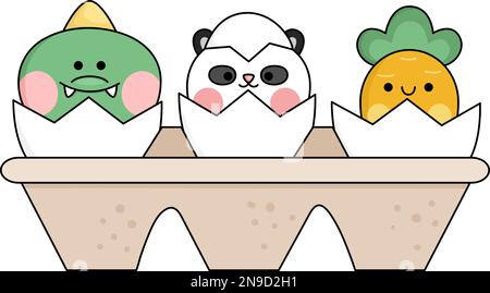 Vektorverpackung mit Eiern und Brutkawaiitieren. Osterfoto mit niedlichem Pandabär, Krokodil und Karotte in der Schale. Süßer Frühling i Stock Vektor