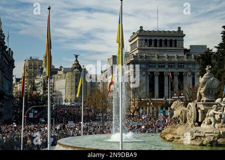 Cybele Square, Madrid, Spanien. 12. Februar 2023. Demonstration zugunsten der öffentlichen Gesundheit.Hunderte von Bürgern der Gemeinschaft Madrid demonstrieren gegen die Politik der gesundheitlichen Kürzungen ihrer Präsidentin Isabel Diaz Ayuso und zugunsten der öffentlichen Gesundheit. Kredit: EnriquePSans/Alamy Live News Stockfoto
