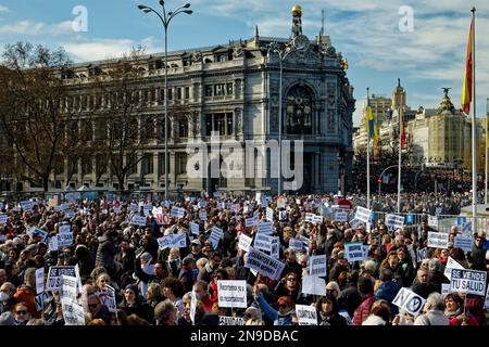 Cybele Square, Madrid, Spanien. 12. Februar 2023. Demonstration zugunsten der öffentlichen Gesundheit.Hunderte von Bürgern der Gemeinschaft Madrid demonstrieren gegen die Politik der gesundheitlichen Kürzungen ihrer Präsidentin Isabel Diaz Ayuso und zugunsten der öffentlichen Gesundheit. Kredit: EnriquePSans/Alamy Live News Stockfoto