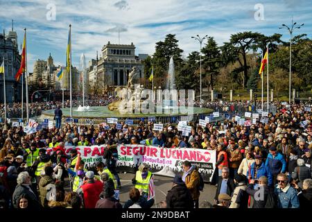 Cybele Square, Madrid, Spanien. 12. Februar 2023. Demonstration zugunsten der öffentlichen Gesundheit.Hunderte von Bürgern der Gemeinschaft Madrid demonstrieren gegen die Politik der gesundheitlichen Kürzungen ihrer Präsidentin Isabel Diaz Ayuso und zugunsten der öffentlichen Gesundheit. Kredit: EnriquePSans/Alamy Live News Stockfoto