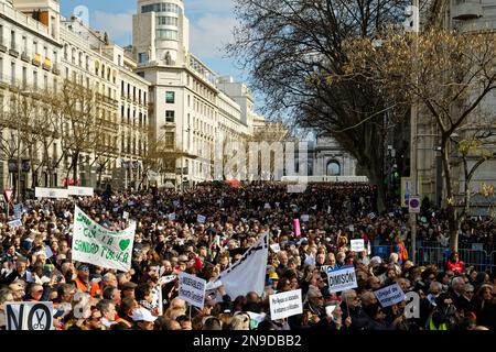 Cybele Square, Madrid, Spanien. 12. Februar 2023. Demonstration zugunsten der öffentlichen Gesundheit.Hunderte von Bürgern der Gemeinschaft Madrid demonstrieren gegen die Politik der gesundheitlichen Kürzungen ihrer Präsidentin Isabel Diaz Ayuso und zugunsten der öffentlichen Gesundheit. Kredit: EnriquePSans/Alamy Live News Stockfoto