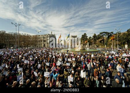 Cybele Square, Madrid, Spanien. 12. Februar 2023. Demonstration zugunsten der öffentlichen Gesundheit.Hunderte von Bürgern der Gemeinschaft Madrid demonstrieren gegen die Politik der gesundheitlichen Kürzungen ihrer Präsidentin Isabel Diaz Ayuso und zugunsten der öffentlichen Gesundheit. Kredit: EnriquePSans/Alamy Live News Stockfoto