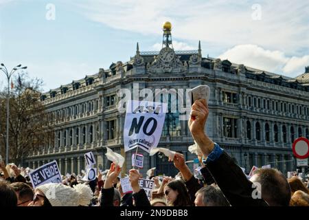 Cybele Square, Madrid, Spanien. 12. Februar 2023. Demonstration zugunsten der öffentlichen Gesundheit.Hunderte von Bürgern der Gemeinschaft Madrid demonstrieren gegen die Politik der gesundheitlichen Kürzungen ihrer Präsidentin Isabel Diaz Ayuso und zugunsten der öffentlichen Gesundheit. Kredit: EnriquePSans/Alamy Live News Stockfoto
