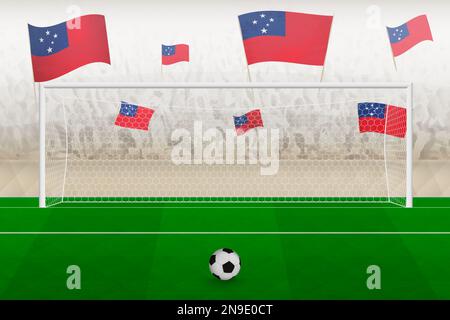 Samoa Fans der Fußballmannschaft mit Samoa-Flaggen, die das Stadion anfeuern, Elfmeterball-Konzept bei einem Fußballspiel. Sportvektordarstellung. Stock Vektor