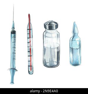 Thermometer, Spritze und Ampullen. Aquarelldarstellung. Ein Satz isolierter Objekte auf weißem Hintergrund aus der VETERINÄRMEDIZINISCHEN Sammlung. Für Stockfoto