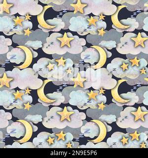 Gelber Mond mit Sternen und blauen Wolken auf dunkelblauem Hintergrund. Aquarelldarstellung. Nahtloses Muster aus der BAMBUSKOLLEKTION. Für das Design Stockfoto
