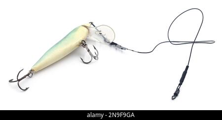 Angelköder mit Metalldraht über weißem Grund Stockfoto