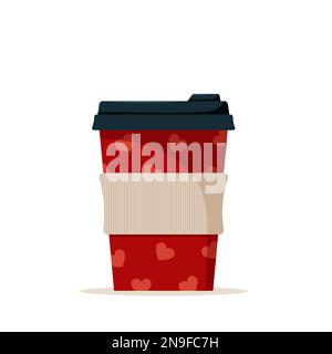 Kaffeetasse. Einwegbecher aus Papier oder Kunststoff mit Valentinstag-Design. Vektordarstellung im flachen Cartoon-Stil. Stock Vektor