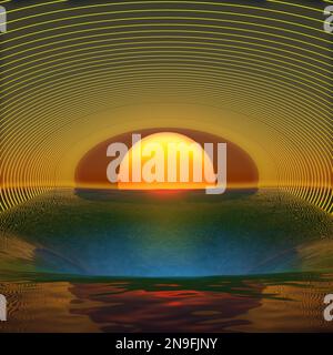 Futuristischer Hintergrund mit Neonkorridor bei Sonnenuntergang am Meer. 3D-Rendering Stockfoto