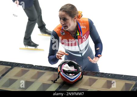 Dordrecht, Niederlande. 12. Februar 2023. DORDRECHT, NIEDERLANDE - FEBRUAR 12: Suzanne Schulting der Niederlande während der ISU-Weltmeisterschaftsfinale am Optisport Sportboulevard am 12. Februar 2023 in Dordrecht, Niederlande (Foto: Douwe Bijlsma/Orange Pictures) NOCNSF Credit: Orange Pics BV/Alamy Live News Stockfoto