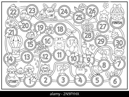 Ostern-Schwarzweiß-Brettspiel für Kinder mit lustigen Tieren, die auf Eierjagd gehen. Frühjahrsfeiertag mit Hase, Tussi. Süßer Gartendrucker Stock Vektor