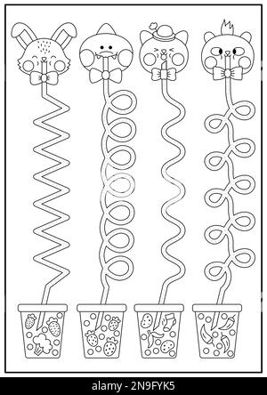 Übungsblatt für schwarz-weiße Vector-Handschrift mit niedlichen Kawaii-Tieren, die Seifenblasentee mit verschiedenen Geschmacksrichtungen trinken. Aktivitäten zum Ausdrucken für Kinder. Stock Vektor