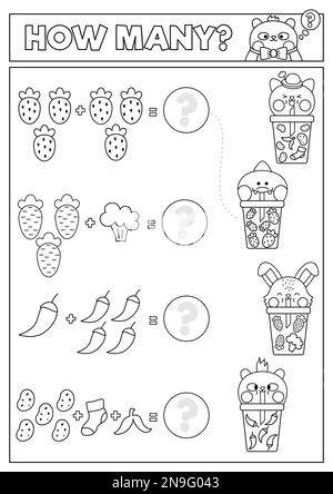 Passendes Schwarz-Weiß-Spiel mit süßen Kawaii-Früchten und Gemüsegetränken. Mathematikaktivität für Vorschulkinder. Druckbares Zählblatt oder Farbpapier Stock Vektor