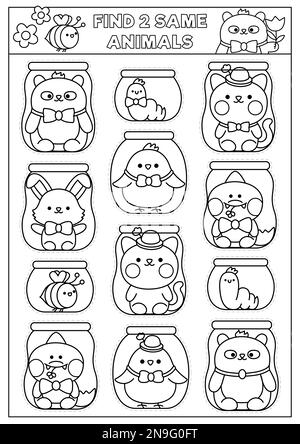 Finde zwei gleiche Kawaii-Tiere in Gläsern. Zu Ostern passende Schwarz-Weiß-Aktivität. Quiz oder Ausmalseite für Kinder. Einfach bedruckbar g Stock Vektor
