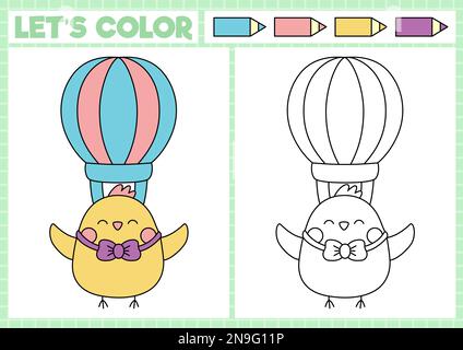 Osterausmalseite für Kinder mit süßer Kawaii-Braut, die im Heißluftballon fliegt. Übersichtsdarstellung der Vektorferien im Frühjahr. Farbbuch für Kinder wi Stock Vektor