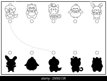 Ostern-Aktivität in Schwarz und Weiß mit niedlichen Kawaii-Tieren. Puzzle zur Erkennung der Form der Frühlingsferien. Finden Sie die richtige Silhouette, die bedruckbar ist w Stock Vektor