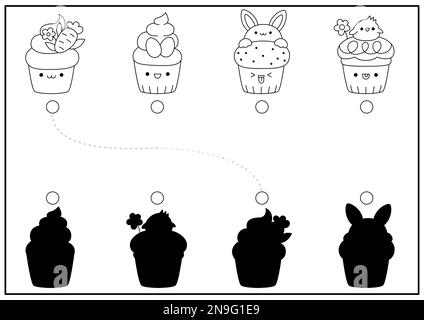 Ostern-Aktivität in Schwarz und Weiß, die zu Cupcakes passt. Puzzle zur Erkennung der Form der Frühlingsferien mit süßen Kawaii-Kuchen. Suchen Sie die richtige Silhouette Stock Vektor