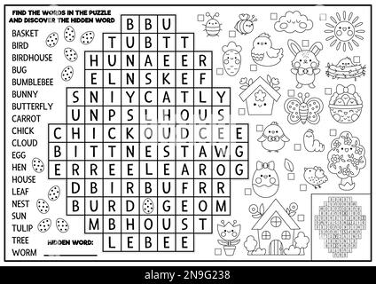 Vector schwarz-weiß Osterei-förmiges Wort-Such-Puzzle für Kinder. Quiz zum Frühlingsurlaub für Kinder. Farbseite mit Kawaii-Symbolen. Süßer Englis Stock Vektor