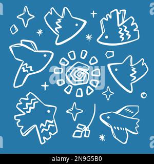 ABSTRAKTER AUFDRUCK Moderne afrikanische Zeichnung Weiße Vogelsonne und Sternformen auf blauem Hintergrund handgezeichnet flacher Stoff Matisse Stock Vektor