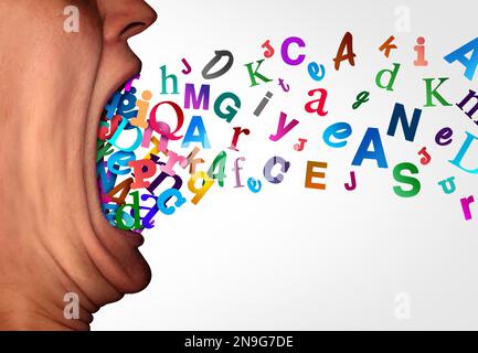 Grammer und Phonik oder Lernen von Sprache und gesprochenem Wort und autistisches Spektrum oder Dyslexie-Syndrom-Konzept als offener menschlicher Mund aus Alphabet Stockfoto