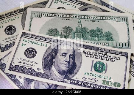Benjamin Franklin ist auf dem Federal Reserve Bank Note $100 Bill, 2023, Vereinigte Staaten von Amerika Stockfoto