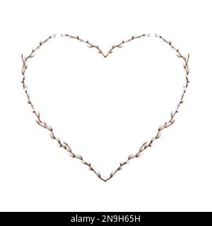 Osterrahmen in Form eines Herzens aus Weidenzweigen. Aquarelldarstellung. Stockfoto