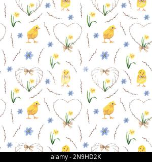 Willow Chicken und Ei, nahtloses Aquarellmuster für osterferien, natürliches Gelb Stockfoto
