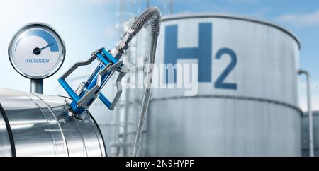 Wasserstoffmessgerät auf dem Hintergrund von Gastanks. Konzept der Herstellung von grünem Wasserstoff Stockfoto