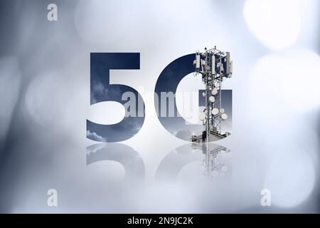 Sender im 5G-Netzsymbol Stockfoto