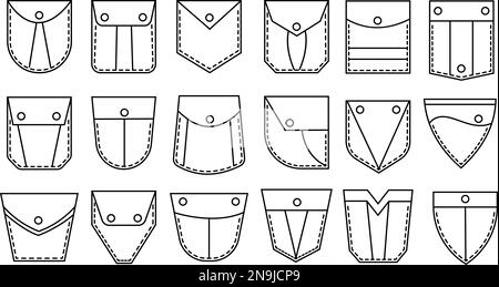Vorlagen für isolierte aufgesetzte Taschen. Denimtasche, Jacke Uniform Aufnäher, verziert. Hosen mit Taschen, Umriss Freizeitkleidung anständige Vektorelemente Stock Vektor