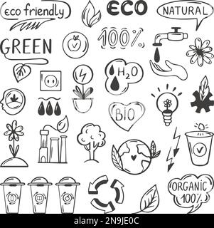 Eco Doodle Set. Ökologische Energie- und Stromkritzeleien. Skizzenelemente zum Sichern der Umgebung. Grün und recycelt, neoterischer Bionatürlichkeitsvektor handgezeichnet Stock Vektor