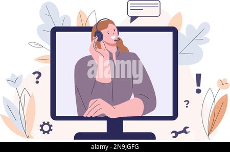 Online-Support, faq-Service oder Chat bot-Konzept. Sozialarbeiterin im Internet, Frau mit Kopfhörern auf dem Computerbildschirm, digitale Vektorassistentin Stock Vektor