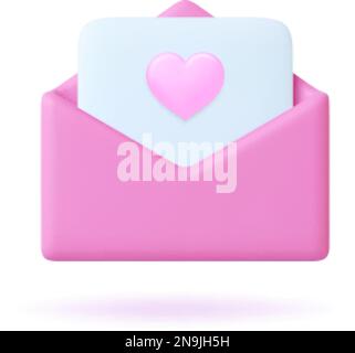 Rosafarbener 3D-Brief mit Herz auf Papier. Valentinstag-Ikone, niedliche Liebe romantische Elemente, Plastilinstil, Vektordesign. Isoliertes Stützelement oder Stock Vektor