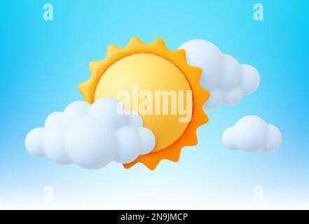 Sonne in Wolken, 3D sonnige Wetterelemente. Weiße Blasenwolke am Himmel. Sommer Frühling heißes, saisonales Vektordesign Stock Vektor