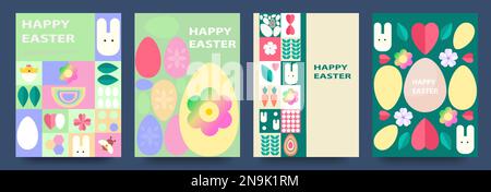 Frohe Ostern. Set mit geometrischen Federmosaikkarten mit Kaninchen, Eiern und Blumen. Hintergründe in Pastellfarben.Vektor Stock Vektor