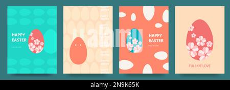 Frohe osterkarten mit ostereiern, Häschen, Mustern. Moderner geometrischer abstrakter Stil.Vektor Stock Vektor