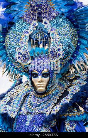 Venedig, Italien. 12. Februar 2023. Venedig, Italien. Reveller tragen farbenfrohe blaue Kostüme für den alljährlichen Karnevale von Venedig. Kredit: Vibrant Pictures/Alamy Live News Stockfoto